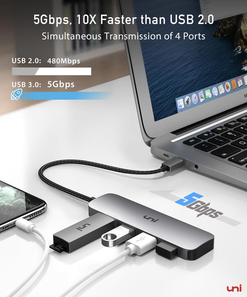 uni USB C to USB Hub Multiport Adapter, Aluminum 4 Ports USB C Splitter for Laptop, Slim Thunderbolt 3/4 Data USB Hub Compatible for MacBook Pro/Air, iPad Pro, Dell, Chromebook | Keyboard, Mouse, HDD - Image 2